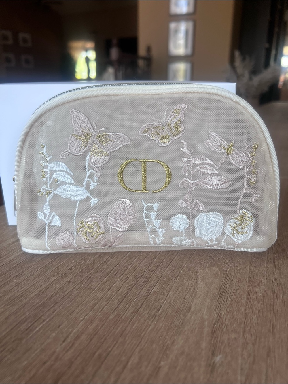 Dior Beige Floral & Butterfly Embroidered Makeup Pouch with Gold CD Logo